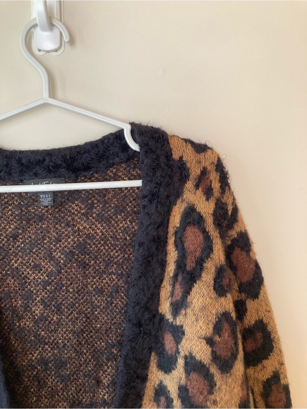 Lord & Taylor Leopard Cheetah Animal Print Open-Front Fuzzy Warm Cozy Cardigan - Picture 2 of 4